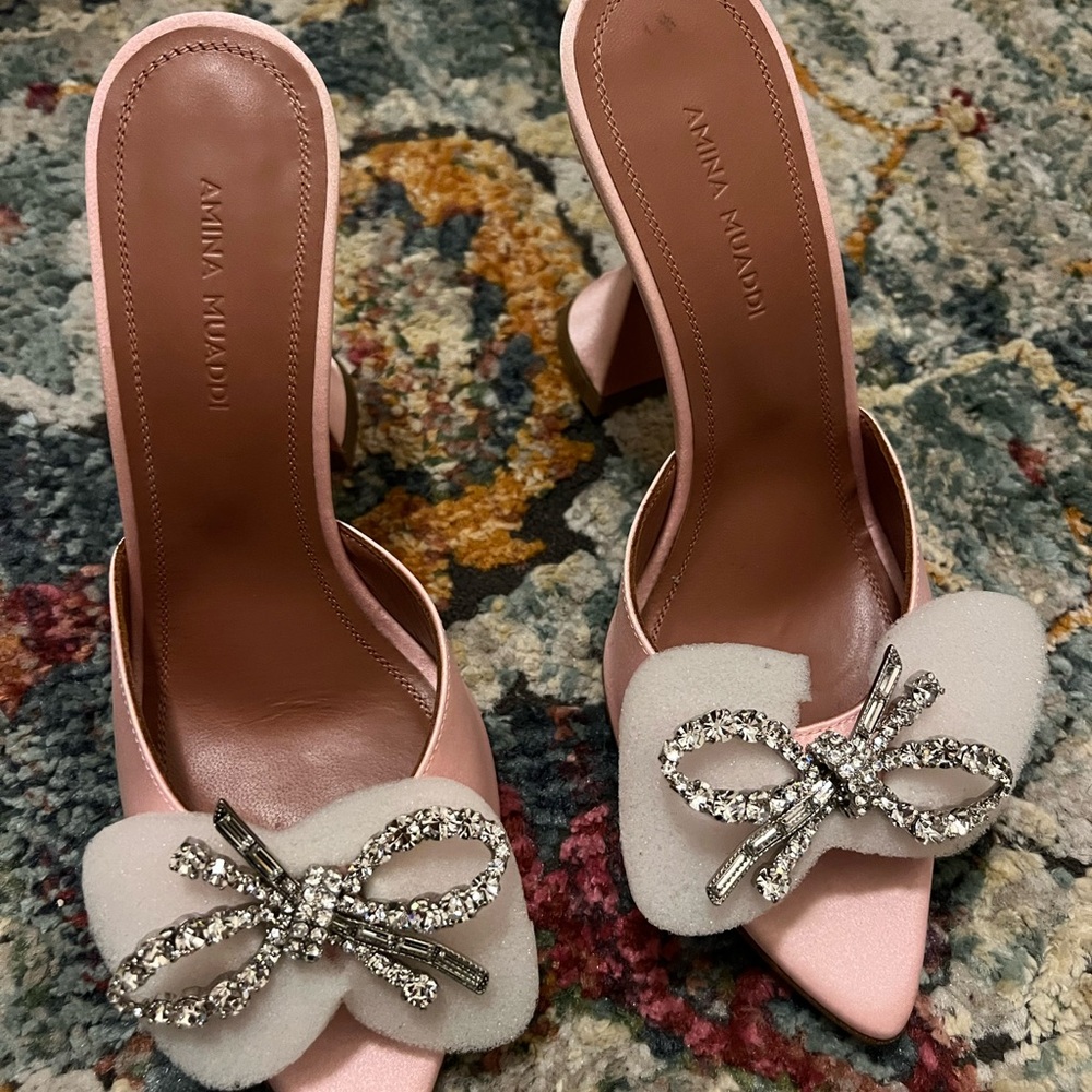 Amina Muaddi Pink Satin Crystal Bow Mules - Picture 5 of 11
